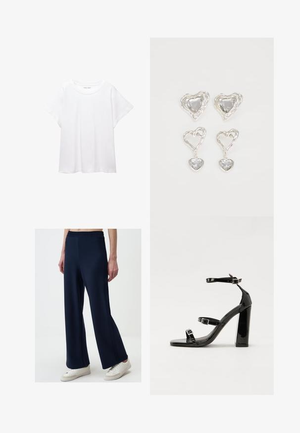 Weißes T-Shirt aus weichem, leichtem Stoff. Mit runder Halslinie und kurzen, weit geschnittenen Ärmeln für einen lässigen Sitz. Keine sichtbaren Muster.; Marinefarbene weitgeschnittene Hosen aus weichem Stoff, mit einem elastischen Bund und seitlichen Nähten für zusätzlichen Detailreichtum. Kombiniert mit weißen Turnschuhen.; Schwarze patentierte Sandalen mit Absatz, quadratischer Spitze, Knöchelriemen und silbernen Schnallen. Mit einem stabilen Blockabsatz für mehr Stabilität.; Silberne herzförmige Ohrringe mit facettierten klaren Steinen und einem strukturierten Rahmen. Das Set umfasst Stecker- und Anhänger-Stile.