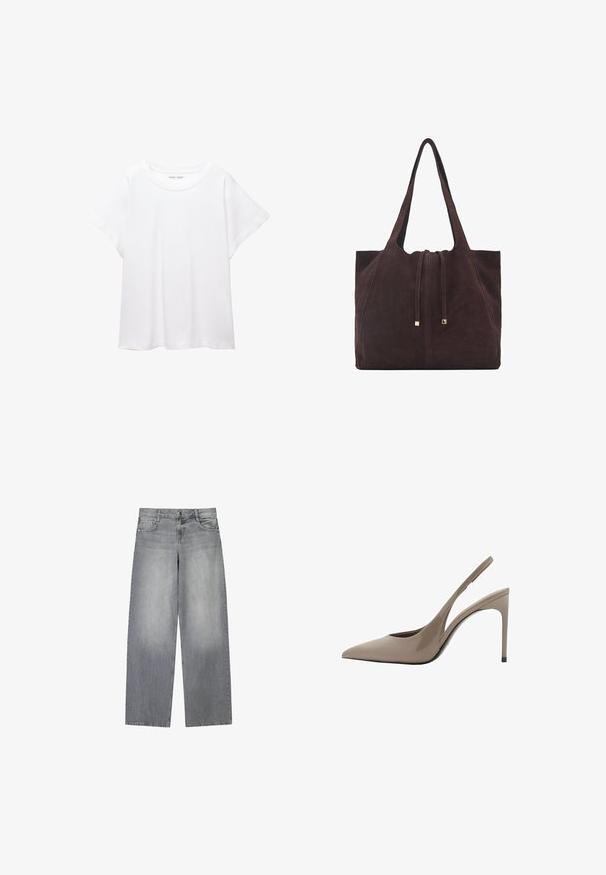 Tricou alb dintr-un material moale și ușor. Prezintă un decolteu rotund și mâneci scurte, largi, cu un croi lejer. Fără modele vizibile.; Jeans din denimu gri cu croială largă și un finisaj ușor decolorat, având cinci buzunare, închidere frontală cu nasture și bucle pentru curea.; Pantofi cu toc înalt slingback din piele patent bej, cu vârful ascuțit și un design elegant, având un toc subțire și un detaliu decupat pe lateral.; Mango Geantă de pânză - dark brown