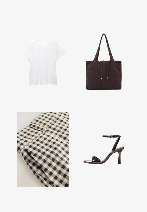 Vit t-shirt som är gjord av mjukt, lätt tyg. Har en rund halsringning och korta, vida ärmar med en avslappnad passform. Inga synliga mönster.; Svart och beige rutigt tyg med en jämn textur. Detaljen visar en vikt sektion med en ficka och rena kantlinjer.; Bruna lackläder högklackade sandaler med ankelrem, öppen tå och en elegant, minimalistisk design. Har en fyrkantig klack.; Mango Shoppingväska - dark brown