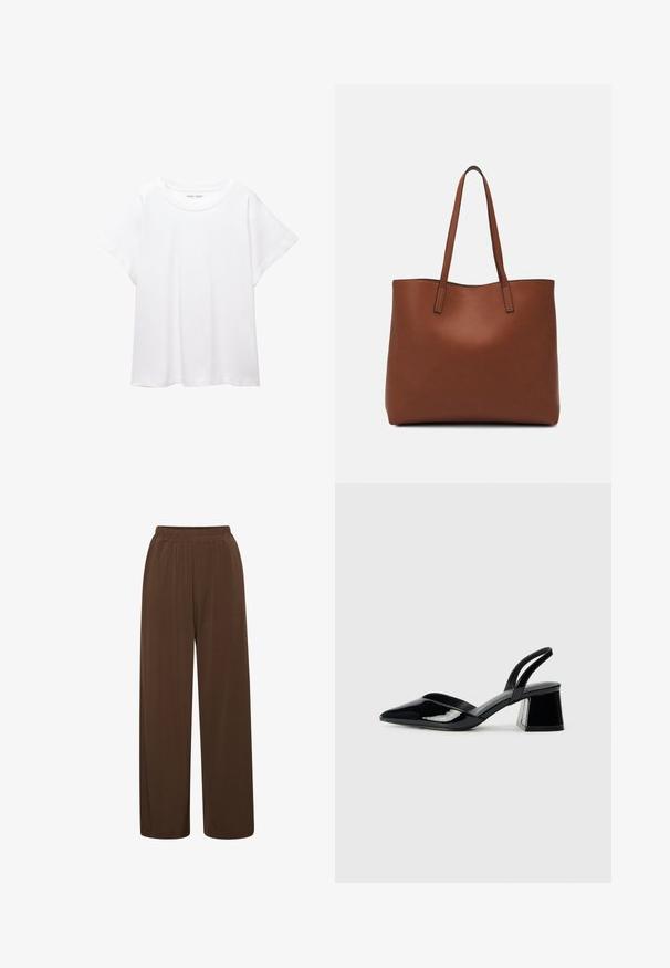 Biele tričko vyrobené z mäkkého, ľahkého materiálu. Má okrúhly výstrih a krátke, široké rukávy s uvoľneným strihom. Bez viditeľných vzorov.; Hnedé široké nohavice vyrobené z mäkkej tkaniny, s elastickým pásom a hladkým povrchom, bez výrazných vzorov alebo akcentov.; Čierne lakované kožené sandálové podpätky s špicatou špičkou a geometrickým blokovým podpätkom. Disponujú elegantným, minimalistickým dizajnom a hladkým povrchom.; Hnedá kožená taška na rameno s hladkou textúrou, otvoreným vrchom a dvoma ramenými popruhmi. Má minimálne šitia a žiadne viditeľné kovania.