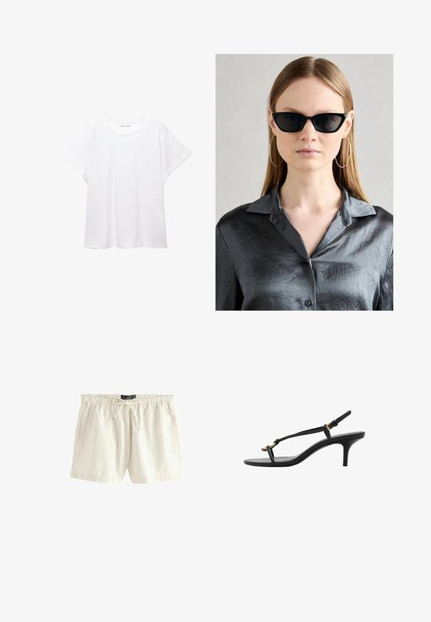 T-shirt bianco realizzato in un tessuto morbido e leggero. Presenta un collo rotondo e maniche corte e larghe con vestibilità morbida. Nessun motivo visibile.; Shorts color crema chiaro con righe verticali blu, realizzati in tessuto morbido, dotati di una cintura elastica con cordino e tasche laterali.; Sandal con zeppa kitten nera in pelle, con sottili cinturini, fibbia dorata e una minimalista fascetta per le dita su sfondo bianco.; Occhiali da sole neri a forma di occhio di gatto con una finitura lucida, indossati con una camicia grigia a pulsante testurizzata con colletto. Sono visibili grandi orecchini a cerchio.; Borsa a mano in pelle nera con una texture liscia, forma arrotondata, dettagli in hardware dorato e doppi manici. Presenta un lucchetto decorativo sul lato.