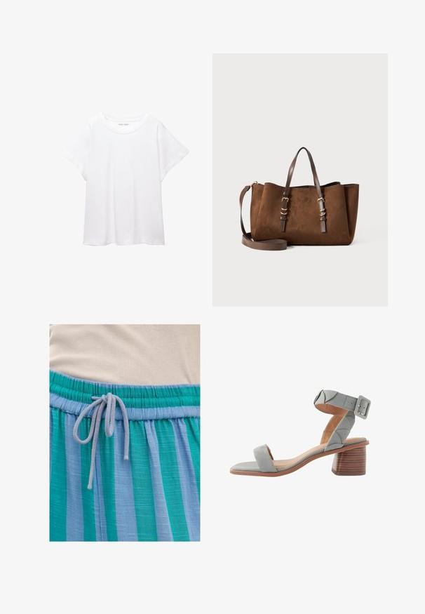 Witte T-shirt van zacht, lichtgewicht stof. Heeft een ronde halslijn en korte, brede mouwen met een ontspannen pasvorm. Geen zichtbare patronen.; Lichtgewicht blauwe en groene gestreepte stof met een elastische tailleband en een trekkoordsluiting. Getextureerde afwerking met subtiele glans.; Next FOREVER COMFORTREGULAR FIT - Sandalen - blue; Bruine suède tote bag met een gestructureerde vorm, dubbele leren handvatten, verstelbare schouderriem en gouden hardware-accenten.
