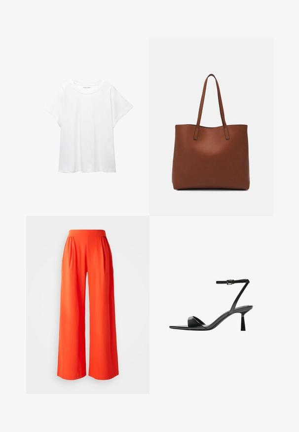 Bela majica s kratkimi rukavi, izdelana iz mehkega in lahkega blaga. Ima okroglo ovratnico ter kratke, široke rokave z udobnim krojem. Brez vidnih vzorcev.; Široke hlače iz gladkega, živahnega oranžnega blaga. Imajo visok pas in pliseje za sproščen fit. Čist, brez okraskov oblikovanje.; Bershka Sandali z visoko peto - black; Rjava usnjena torba z gladko teksturo, odprto zasnovo zgoraj in dvema naramnima trakovoma. Opremljena je z minimalnim šivanjem in brez vidnih kovinskih delov.