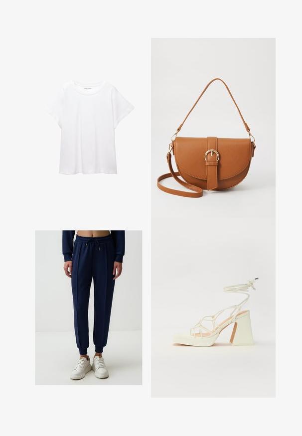 Witte T-shirt van zacht, lichtgewicht stof. Heeft een ronde halslijn en korte, brede mouwen met een ontspannen pasvorm. Geen zichtbare patronen.; Jimmy Key HIGH WAIST JOGGER - Trainingsbroek - dark blue; Witte hoge hakken sandaal met een chunky hak, met een bandjesontwerp en enkelband. Gladde textuur met een plateau voor extra hoogte.; Bruine leren schoudertas met een gebogen vorm, gouden hardware en een gespaccent. Bevat een afneembare schouderriem.