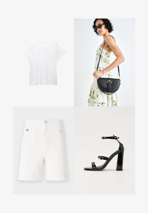 Bijela majica od mekane, lagane tkanine. Ima okrugli izrez i kratke, široke rukave s ležernim krojem. Bez vidljivih uzoraka.; Bijele pamučne kratke hlače s dva prednja džepa i akcentima od srebrnih dugmadi. Ravnog kroja s glatkim, teksturiranim završetkom i preklopljenim rubovima.; Crne lakirane sandale na pete sa kvadratnim nosom, trakama oko gležnja i srebrnim kopčama. Imaju čvrst blok petu za stabilnost.; Crna kožna torba s lukovitim oblikom, odvojivim remenom i zlatnim detaljima. Torba ima preklop s kopčom.