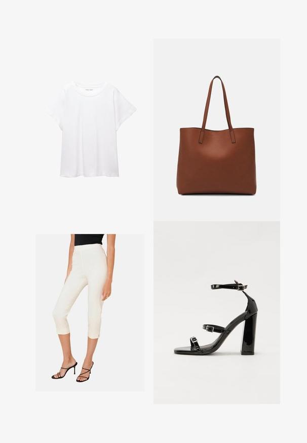 Biele tričko vyrobené z mäkkého, ľahkého materiálu. Má okrúhly výstrih a krátke, široké rukávy s uvoľneným strihom. Bez viditeľných vzorov.; Biele skrátené nohavice s priliehavým strihom a bočnými rozparkami na leme, doplnené o čierne sandále na opätku. Hladká tkanina s lesklým povrchom.; Čierne lakované sandále na podpätku so štvorcovou špičkou, navlečenými remienkami okolo členku a striebornými prackami. Disponujú masívnym blokovým podpätkom pre stabilitu.; Hnedá kožená taška na rameno s hladkou textúrou, otvoreným vrchom a dvoma ramenými popruhmi. Má minimálne šitia a žiadne viditeľné kovania.