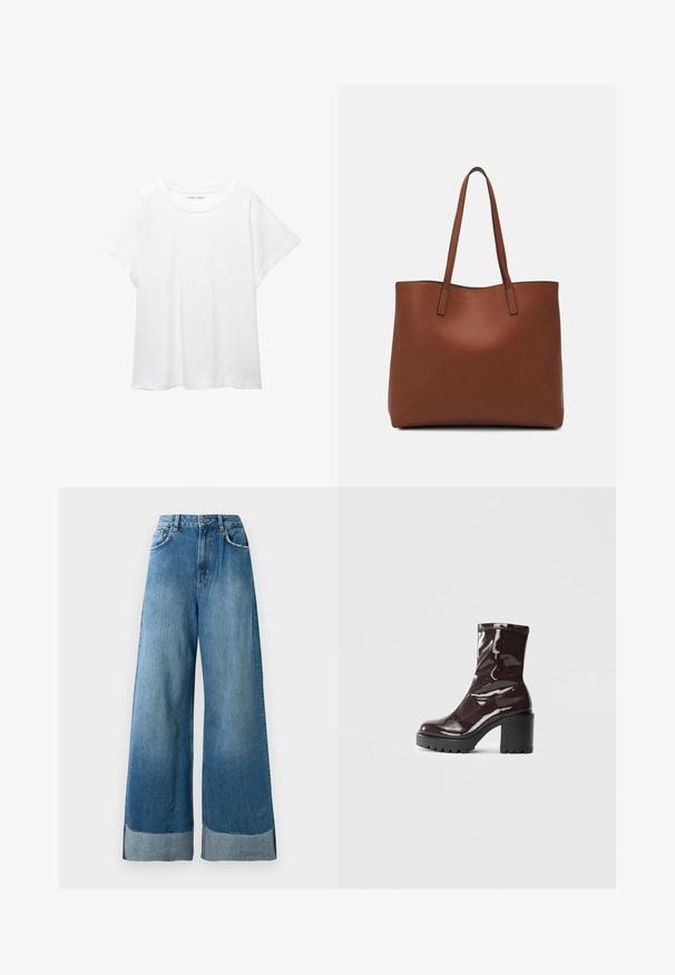 Tricou alb dintr-un material moale și ușor. Prezintă un decolteu rotund și mâneci scurte, largi, cu un croi lejer. Fără modele vizibile.; Jeans din denim albastru, cu talie înaltă și picioare largi, prevăzute cu buzunare frontale, închidere cu nasture și detalii de manșetă decolorată vizibile la tiv.; Botine lucioase burgundy, cu toc gros negru, având o textură netedă și un design simplu. Fără închideri sau modele vizibile.; Geantă de umăr din piele maro cu o textură netedă, design cu vârf deschis și două curele pentru umăr. Prezintă cusături minime și fără componente metalice vizibile.