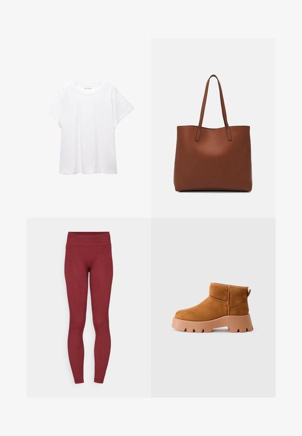 Biała koszulka wykonana z miękkiej, lekkiej tkaniny. Posiada okrągły dekolt oraz krótkie, szerokie rękawy, zapewniające luźny krój. Brak widocznych wzorów.; Bordowe legginsy z wysokim, teksturowanym pasem, dopasowanym krojem i gładką fakturą materiału. Brak widocznych wzorów lub detali hardware.; Beżowe zamszowe botki za kostkę z okrągłym noskiem, teksturowaną brązową podeszwą i uchwytem do wkładania. Cechują się przeszytym szwem i masywną platformą.; Brązowa skórzana torba tote o gładkiej fakturze, z otwartym wierzchem i dwoma ramiączkami. Charakteryzuje się minimalnym przeszyciem i brakiem widocznych elementów metalowych.