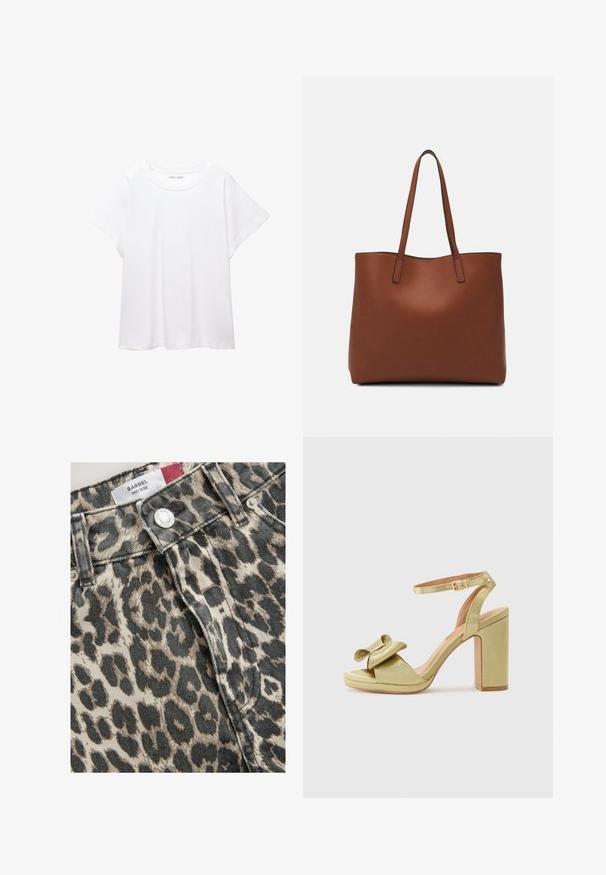 Tricou alb dintr-un material moale și ușor. Prezintă un decolteu rotund și mâneci scurte, largi, cu un croi lejer. Fără modele vizibile.; Next TALL FIT - BARREL - Blugi loose fit - leopard print; Sandale cu toc înalt din satin verde, cu un detaliu sub formă de fundă pe brățara din față, brățară ajustabilă pentru gleznă și toc pătrat masiv.; Geantă de umăr din piele maro cu o textură netedă, design cu vârf deschis și două curele pentru umăr. Prezintă cusături minime și fără componente metalice vizibile.