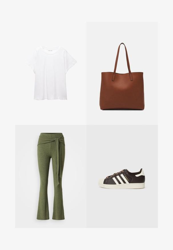 Weißes T-Shirt aus weichem, leichtem Stoff. Mit runder Halslinie und kurzen, weit geschnittenen Ärmeln für einen lässigen Sitz. Keine sichtbaren Muster.; Olivengrüne Hose aus einem weichen Stoff mit einem ausgestellten Bein-Design. Verfügt über ein markantes Knoten-Detail an der hohen Taille.; Low-Top Adidas Superstar Sneaker aus dunkelbraunem Leder mit cremefarbener Schale an der Spitze, weißen Streifen und dem Schriftzug "Superstar" an der Seite.; Braune Leder-Tote mit glatter Textur, offenem Oberteil und zwei Schulterriemen. Verfügt über minimale Nähte und keine sichtbaren Beschläge.