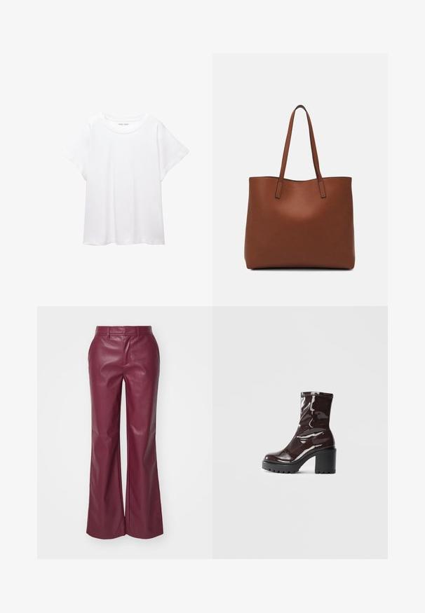 Tricou alb dintr-un material moale și ușor. Prezintă un decolteu rotund și mâneci scurte, largi, cu un croi lejer. Fără modele vizibile.; Pantaloni flared din piele burgundy cu o textură netedă, cu bucle pentru curea și buzunare frontale; croi ajustat cu un design cu talie înaltă.; Botine lucioase burgundy, cu toc gros negru, având o textură netedă și un design simplu. Fără închideri sau modele vizibile.; Geantă de umăr din piele maro cu o textură netedă, design cu vârf deschis și două curele pentru umăr. Prezintă cusături minime și fără componente metalice vizibile.