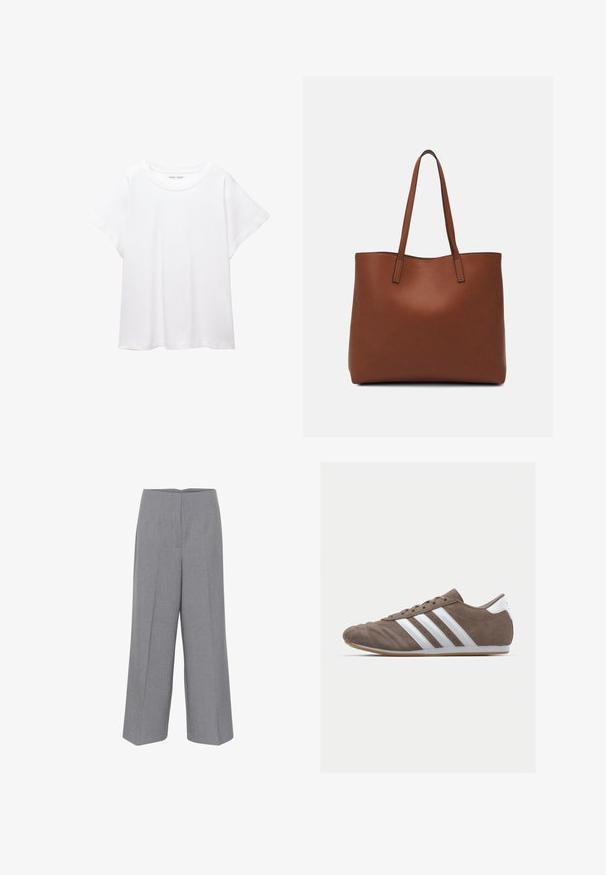 Witte T-shirt van zacht, lichtgewicht stof. Heeft een ronde halslijn en korte, brede mouwen met een ontspannen pasvorm. Geen zichtbare patronen.; Lichtgrijze wijd-uitlopende broeken gemaakt van een gestructureerde stof met een gladde afwerking. Heeft een hoge taille en voorplooien voor extra detail.; Bruine suède sportschoen met witte strepen, ronde neus, vetersluiting en gumrubberen zool. Gestructureerde bovenkant met stikseldetails.; Bruine leren tote bag met een gladde textuur, een ontwerp met een open bovenkant en twee schouderbanden. Kenmerkt zich door minimale stiksels en geen zichtbare hardware.