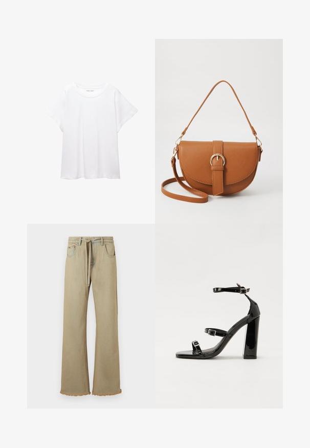 Valkoinen T-paita, joka on valmistettu pehmeästä ja kevyestä kankaasta. Omistaa pyöreän kaula-aukon ja lyhyet, leveät hihat rentoa istuvuutta varten. Ei näkyviä kuvioita.; Beige leveled-leg farkut, joissa on rispaantunut helma, valmistettu denimestä, vyöllä ja neljällä taskulla. Tasainen tekstuuri näkyvillä ompelutyksillä.; Musta kiiltäväpintainen korkokengät, joissa on kaksi solkikiinnitystä, neliönmuotoinen kärki ja paksu korko, sileällä, kiiltävällä pintarakenteella.; Ruskean nahkainen olkalaukku, jossa on kaareva muoto, kultaiset yksityiskohdat ja solkiyksityiskohta. Varustettu irrotettavalla olkahihnalla.