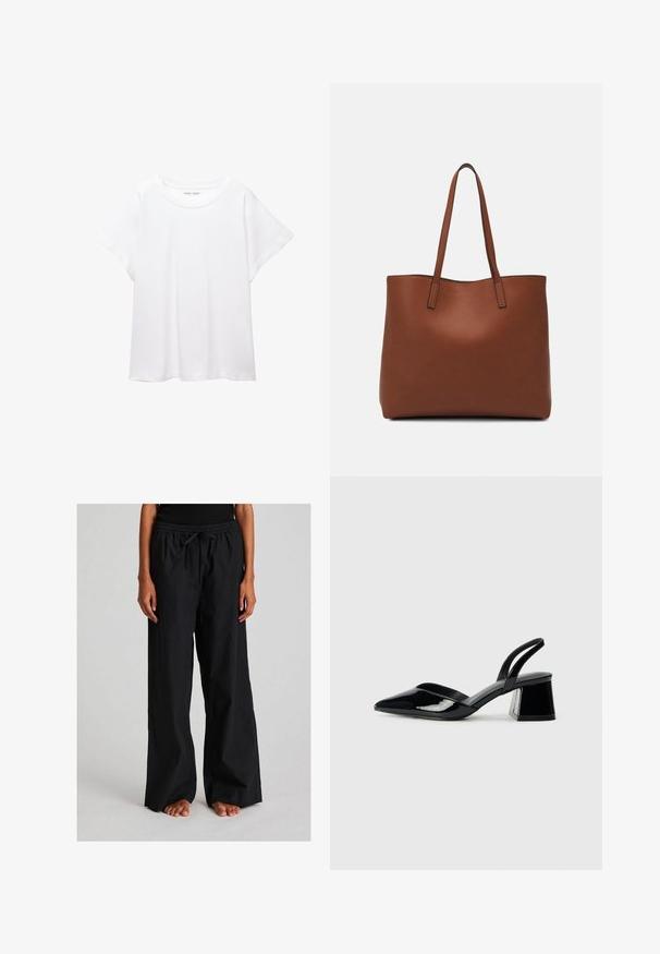 Fehér póló, puha, könnyű anyagból készült. Kerek nyakú, rövid, széles ujjaival és laza szabásával rendelkezik. Nincsenek látható minták.; Laza, fekete nadrág, könnyű anyagból készült. Jellemzője az elasztikus derékpánt húzózsinórral és egyenes, széles lábujj dizájn.; Fekete lakk bőr szandálkés magas sarkú cipő, hegyes orral és geometrikus tömbsarkakkal. Karcsú, minimalista dizájn és sima textúra jellemzi.; Barna bőr vászontáska sima textúrával, nyitott tetejű dizájnnal és két vállpánttal. Minimális varrással és látható hardver nélkül készült.