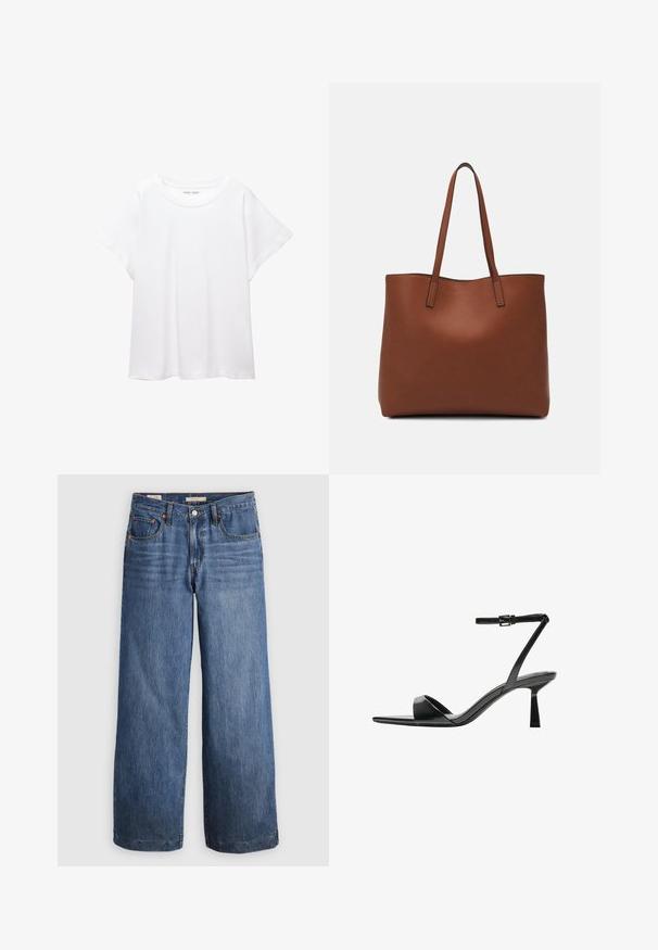 Tricou alb dintr-un material moale și ușor. Prezintă un decolteu rotund și mâneci scurte, largi, cu un croi lejer. Fără modele vizibile.; Jeans cu picioare wide din denim albastru, cu talie înaltă, cinci buzunare și cusături portocalii contrastante. Textură netedă, fără broderii.; Bershka Sandale cu toc - black; Geantă de umăr din piele maro cu o textură netedă, design cu vârf deschis și două curele pentru umăr. Prezintă cusături minime și fără componente metalice vizibile.