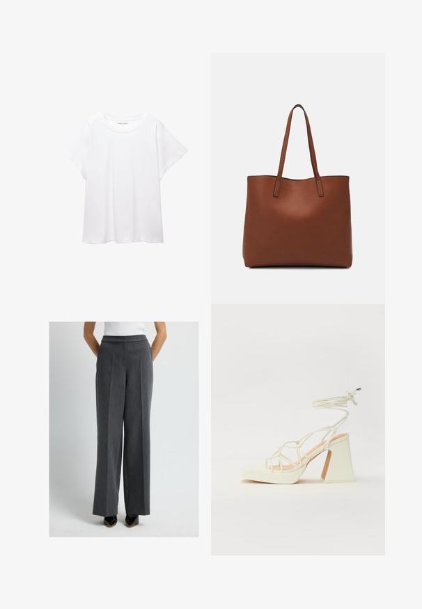 Hvid T-shirt lavet af blødt, let stof. Har en rund halsudskæring og korte, brede ærmer med en afslappet pasform. Ingen synlige mønstre.; Grå, skræddersyede bukser med vidde, flad front, lodrette striber og lommer. Glat uldblanding, afsluttet med en ren kant.; Hvide højhælede sandaler med en kraftig hæl, der har et stropdesign og ankelbinding. Glat tekstur med en platform foran for ekstra højde.; Brun læder tote taske med en glat overflade, åben topdesign og to skulderremme. Har minimal syning og ingen synlig hardware.