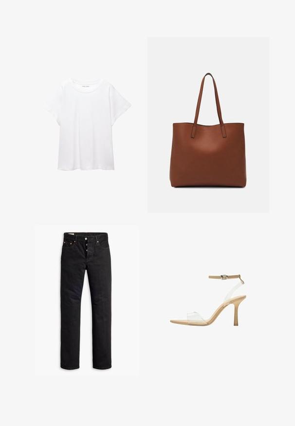 Bijela majica od mekane, lagane tkanine. Ima okrugli izrez i kratke, široke rukave s ležernim krojem. Bez vidljivih uzoraka.; Crne traperice od denima ravnog kroja, s pet džepova i zatvaranjem na gumb. Imaju bakrene zakovice i akcentne šavove.; Sandal s prozirnim potplatom i prozirnim gornjim dijelom, bež uloškom i tankim remenom oko gležnja. Ima špicasti vrh i tanak visoki potplat.; Smeđa kožna torba preko ramena s glatkom teksturom, otvorenim vrhom i dvjema naramenicama. Ima minimalne šavove i nema vidljivog hardvera.