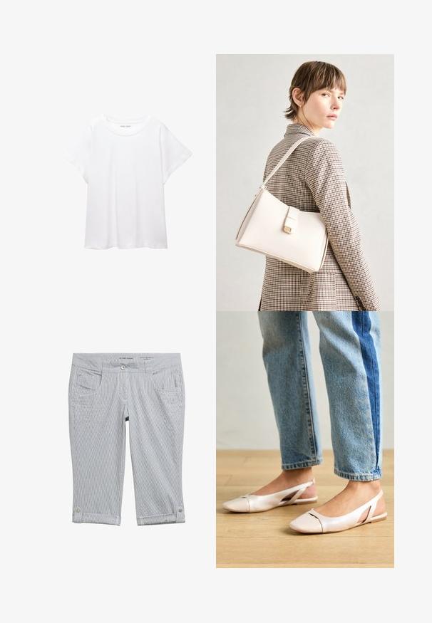 Hvid T-shirt lavet af blødt, let stof. Har en rund halsudskæring og korte, brede ærmer med en afslappet pasform. Ingen synlige mønstre.; Stribede capri-bukser i lysegrå og hvid. Har knaplukning, fire lommer og opsmøg med knapdetaljer. Blødt stof.; Lyserøde slingback flade sko med spidse tær, lavet af et glat læderlignende materiale. Har udskæringsdetaljer på siderne og en flad hæl.; Hvid læder håndtaske med en struktureret design, der har en magnetlukning og en skulderrem, præsenteret mod en neutral baggrund.