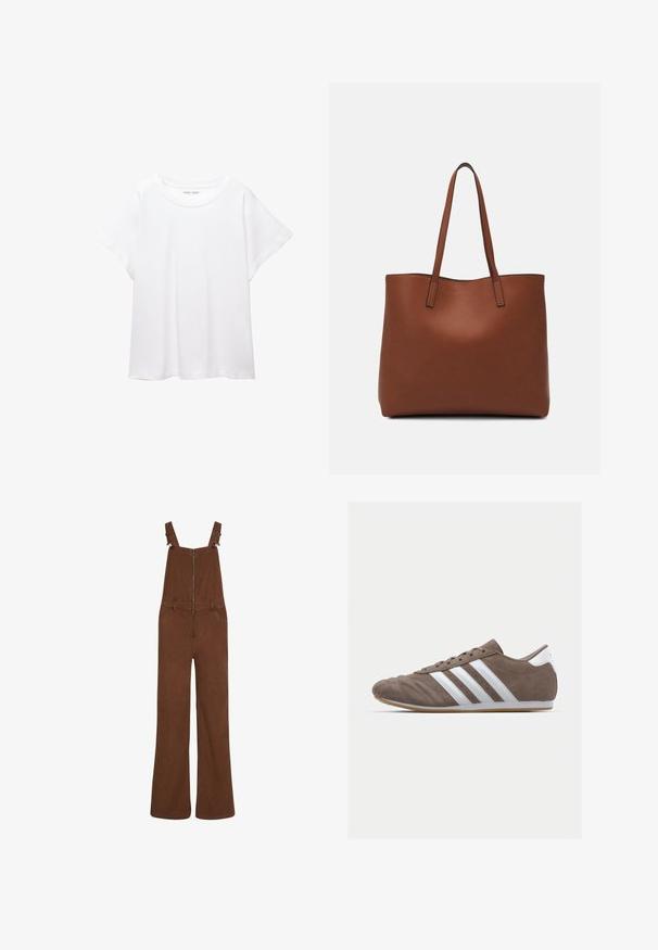 T-shirt blanc en tissu doux et léger. Il présente un col rond et des manches courtes et larges avec une coupe décontractée. Aucun motif visible.; Salopettes en velours côtelé marron à jambes larges avec fermeture éclair à l'avant et bretelles réglables, dotées de poches avant et passants de ceinture.; Chaussure de sport en suède brun avec des rayures blanches, bout rond, design à lacets et semelle en caoutchouc naturel. Empeigne texturée avec des détails de couture.; Sac fourre-tout en cuir marron avec une texture lisse, design à ouverture supérieure et deux poignées pour le porter à l'épaule. Présente des coutures minimales et aucun matériel visible.