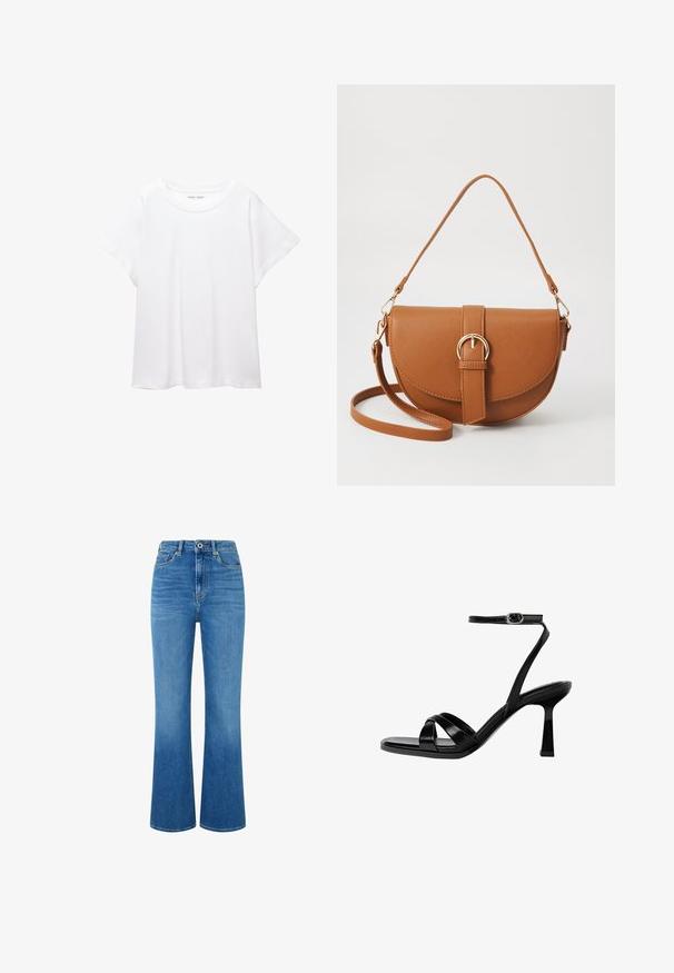 Vit t-shirt som är gjord av mjukt, lätt tyg. Har en rund halsringning och korta, vida ärmar med en avslappnad passform. Inga synliga mönster.; Ljust blå denim flare jeans med hög midja, med framfickor, dragkedja och lätt blekning för struktur. Ingen synlig logotyp.; Svart sandal med remmar och klack, fyrkantig tå. Har en tunn ankelrem, glänsande lädermaterial och en stilettklack.; Brun läder crossbody-väska med en böjd form, gyllene detaljer och en spänneaccent. Har en avtagbar axelrem.
