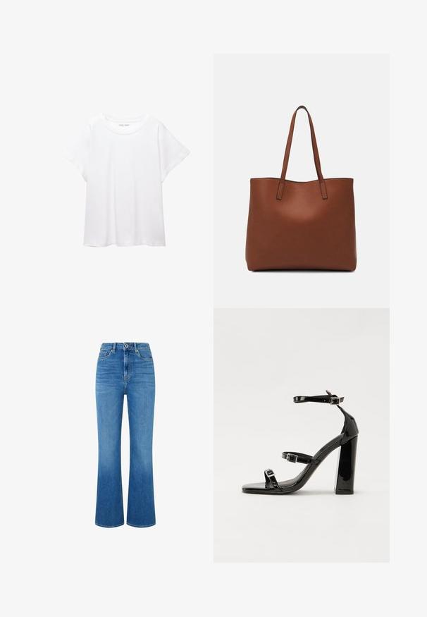 Bijela majica od mekane, lagane tkanine. Ima okrugli izrez i kratke, široke rukave s ležernim krojem. Bez vidljivih uzoraka.; Svijetloplavi traperice s flared krojem i visokom strukom, s prednjim džepovima, zatvaranjem na zip i blagim izbleđenjem za teksturu. Bez vidljivog brendiranja.; Crne lakirane sandale na visoku petu s dva remena s kopčama, kvadratnim vrhom i masivnom blok petom, s glatkom, sjajnom teksturom.; Smeđa kožna torba preko ramena s glatkom teksturom, otvorenim vrhom i dvjema naramenicama. Ima minimalne šavove i nema vidljivog hardvera.