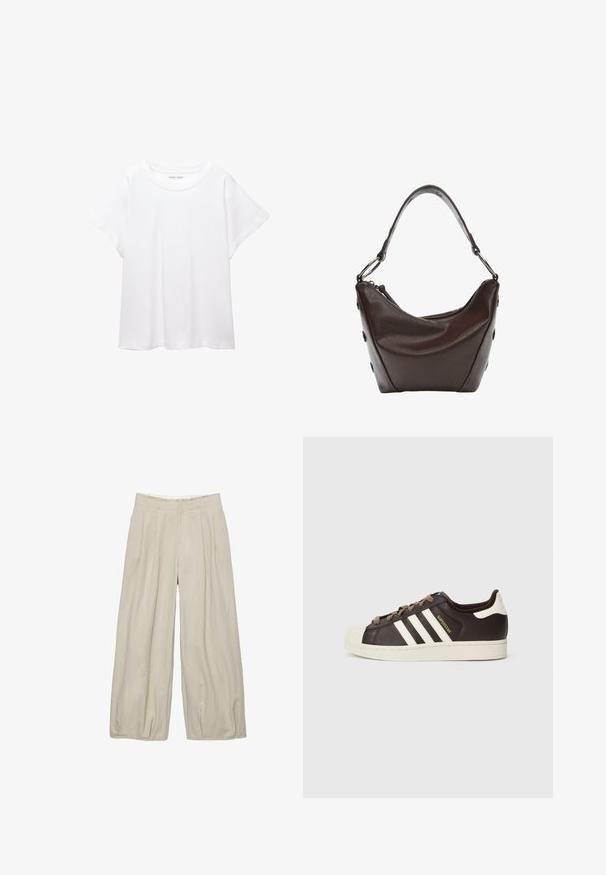 Witte T-shirt van zacht, lichtgewicht stof. Heeft een ronde halslijn en korte, brede mouwen met een ontspannen pasvorm. Geen zichtbare patronen.; Beige ruime broek met een gestructureerd oppervlak, voorzien van voorplooien en een aansluitende tailleband. Geen zichtbare sluitingen of zakken.; Low-top Adidas Superstar sneaker in donkerbruin leer met crème shell-toe, witte strepen en de tekst "Superstar" aan de zijkant.; Donkerbruine leren handtas met een gebogen vorm, ritsluiting en een korte handgreep. Voorzien van metalen hardware en decoratieve zwarte knopen aan de zijkant.