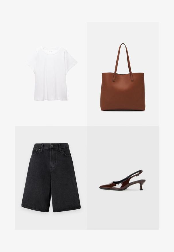 Weißes T-Shirt aus weichem, leichtem Stoff. Mit runder Halslinie und kurzen, weit geschnittenen Ärmeln für einen lässigen Sitz. Keine sichtbaren Muster.; Schwarze Denim-Shorts mit entspannter Passform, hoher Taille, fünf Taschen und Knopfverschluss vorne.; Braune Lackleder-Slingback-Schuhe mit spitzer Zehe und moderatem Absatz. Mit einem Schnallenriemen für einen sicheren Sitz. Glatte Textur.; Braune Leder-Tote mit glatter Textur, offenem Oberteil und zwei Schulterriemen. Verfügt über minimale Nähte und keine sichtbaren Beschläge.
