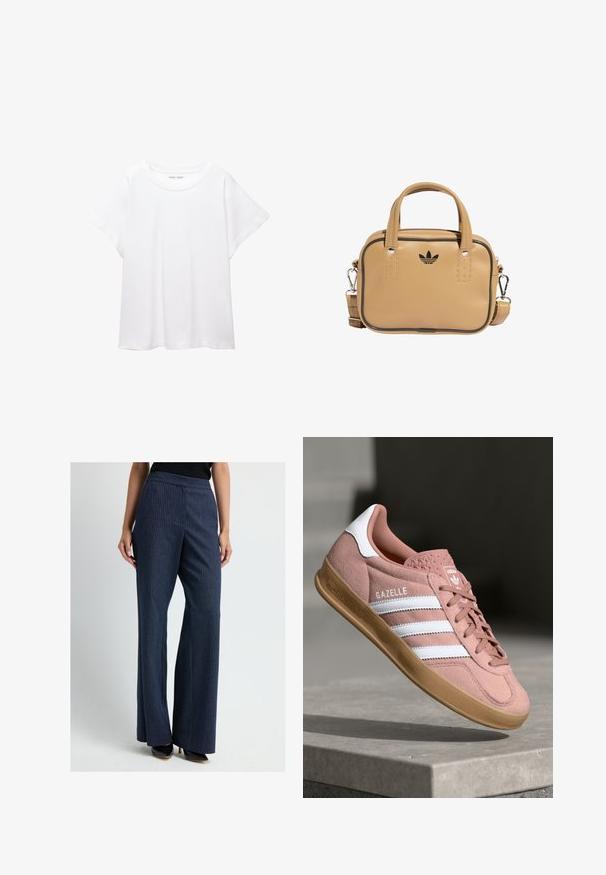 Valkoinen T-paita, joka on valmistettu pehmeästä ja kevyestä kankaasta. Omistaa pyöreän kaula-aukon ja lyhyet, leveät hihat rentoa istuvuutta varten. Ei näkyviä kuvioita.; Nainen, jolla on päällään tummansinisiä viivapainanteita, leveälahkeiset housut ja mustat kärjelliset korkokengät, seisoo yksinkertaista taustaa vasten.; Vaaleanpunaiset mokkasneakerit valkoisilla raidoilla, kuminen pohja, teksturoitu yläosa ja logo kielessä. Klassinen matala malli.; Beige nahka-tube laukku, jossa on kaksi kahvaa, irrotettava olkahihna, mustat korostusompeleet ja pieni musta logo edessä.