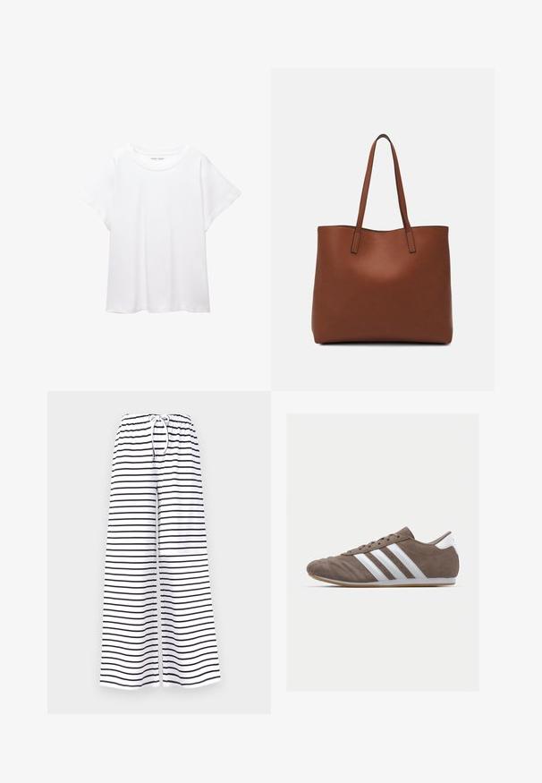White T-shirt made of soft, lightweight fabric. Features a round neckline and short, wide sleeves with a relaxed fit. No visible patterns.; Wide-leg pants in white fabric, featuring black horizontal stripes. Elastic waistband with a drawstring for adjustable fit and comfort.; Brown suede athletic shoe with white stripes, round toe, lace-up design, and gum rubber sole. Textured upper with stitching details.; Brown leather tote bag with a smooth texture, open top design, and two shoulder straps. Features minimal stitching and no visible hardware.