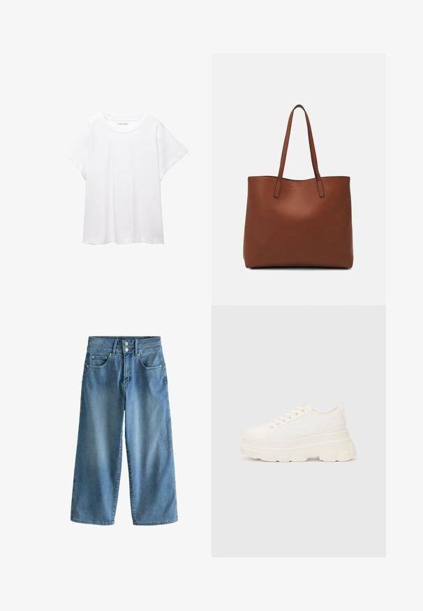 Valkoinen T-paita, joka on valmistettu pehmeästä ja kevyestä kankaasta. Omistaa pyöreän kaula-aukon ja lyhyet, leveät hihat rentoa istuvuutta varten. Ei näkyviä kuvioita.; Vaaleansiniset, leveälahkeiset farkut, joissa on korkea vyötärö. Ominaisuuksia ovat kaksi etutaskua, kaksi takataskua ja kaksoispainonappi.; Valkoinen kangaskenkä paksulla pohjalla, pyöreällä kärjellä ja viidellä nauhakuutiolla. Takareunan vipu helpottaa pukemista. Sileä pinta, minimalistinen muotoilu.; Ruskea nahkainen olkalaukku, jossa on sileä pinta, avoin yläosa ja kaksi olkahihnaa. Omaavat vain minimaalisen ompelun eikä näkyvää metalliosaa.