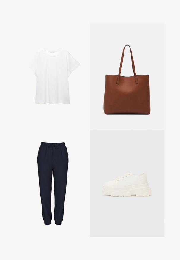 Bela majica s kratkimi rukavi, izdelana iz mehkega in lahkega blaga. Ima okroglo ovratnico ter kratke, široke rokave z udobnim krojem. Brez vidnih vzorcev.; Temno modri trenirke iz mehkega blaga, z elastičnim pasom in vrvico, ter prilegajočimi se manšetami okoli gležnjev.; Bela platnena teniska z debelim podplatom, okroglo konico in petimi luknjicami za vezalke. Zadaj je dodana zanka za enostavno obuvanje. Gladka tekstura, minimalistična zasnova.; Rjava usnjena torba z gladko teksturo, odprto zasnovo zgoraj in dvema naramnima trakovoma. Opremljena je z minimalnim šivanjem in brez vidnih kovinskih delov.