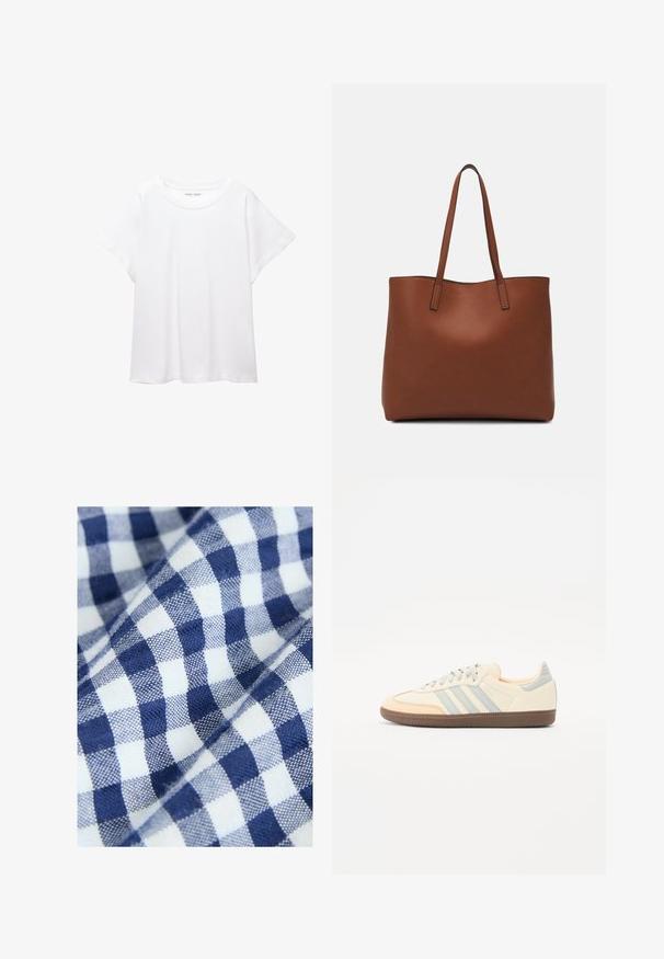 White T-shirt made of soft, lightweight fabric. Features a round neckline and short, wide sleeves with a relaxed fit. No visible patterns.; Cotton fabric with a blue and white gingham pattern features small, even checks. The texture appears woven and smooth.; Sneakers with a cream leather upper, light blue stripes, and peach accents. Features a textured brown rubber sole and minimalistic design.; Brown leather tote bag with a smooth texture, open top design, and two shoulder straps. Features minimal stitching and no visible hardware.