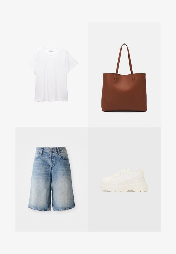 Vit t-shirt som är gjord av mjukt, lätt tyg. Har en rund halsringning och korta, vida ärmar med en avslappnad passform. Inga synliga mönster.; Ljusblå denimshorts med en ledig passform, som har dragkedja och knappstängning, fem fickor samt fransdetaljer vid fållen.; Vitcanvas sneakers med en chunky sula, rund tå och fem öglor för snören. Bakre tab för enkel påtagning. Slät yta, minimalistisk design.; Brun läder tote-väska med en slät textur, öppen toppdesign och två axelremmar. Har minimal söm och ingen synlig metalldetalj.