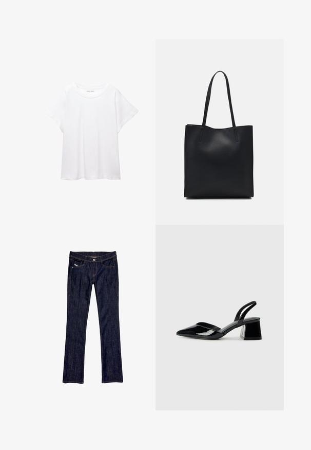 Fehér póló, puha, könnyű anyagból készült. Kerek nyakú, rövid, széles ujjaival és laza szabásával rendelkezik. Nincsenek látható minták.; Sötétkék farmernadrág, egyenes lábbal, elöl gombos záródással, öt zsebbel és látható varrással az seams mentén.; Fekete lakk bőr szandálkés magas sarkú cipő, hegyes orral és geometrikus tömbsarkakkal. Karcsú, minimalista dizájn és sima textúra jellemzi.; Fekete bőrtáska sima felszínnel, téglalap alakú, két hosszú füllel. Nincs látható fémkiegészítő vagy díszítés.