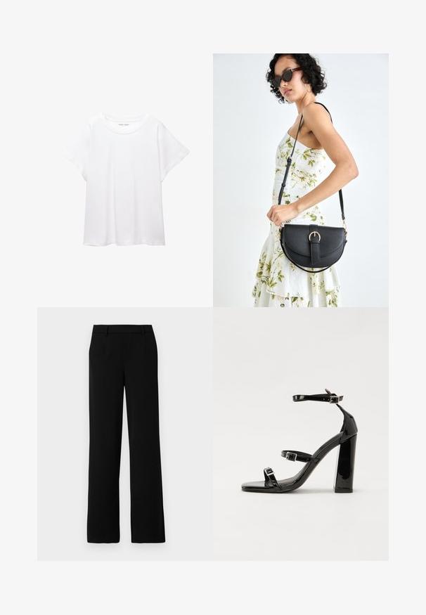 Weißes T-Shirt aus weichem, leichtem Stoff. Mit runder Halslinie und kurzen, weit geschnittenen Ärmeln für einen lässigen Sitz. Keine sichtbaren Muster.; Schwarze weit geschnittene Hose aus glattem Stoff, mit flacher Vorderseite, zwei seitlichen Taschen und einem taillierten Bund für einen eleganten Look.; Schwarze Lackleder-Sandalen mit hohen Absätzen, zwei Riemen mit Schnallen, quadratischer Zehenpartie und klobigem Blockabsatz, mit einer glatten, glänzenden Textur.; Schwarze Lederhandtasche mit geschwungener Form, abnehmbarem Tragegurt und goldenen Beschlägen. Die Tasche verfügt über einen Deckel mit einer Schnallen-Details.