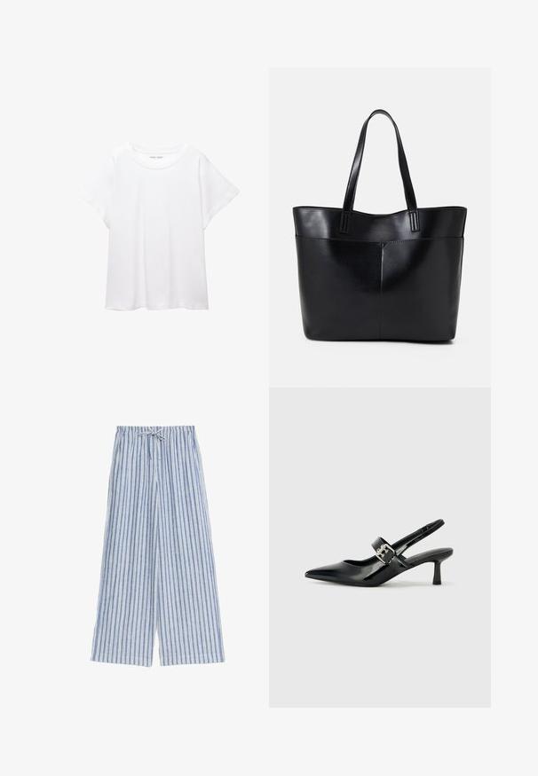 Bílý tričko vyrobené z měkké, lehké tkaniny. Má kulatý výstřih a krátké, široké rukávy s uvolněným střihem. Bez viditelných vzorů.; Modré a bílé pruhované široké kalhoty s páskem na šňůrku, vyrobené z lehkého materiálu, s vertikálními pruhy a uvolněným střihem.; Černé lakované boty na podpatku typu slingback s špičatou špičkou a malým blokovým podpatkem, které mají na pásku stříbrný přezkový akcent.; Černá kožená taška s dlouhými ušima, hladkým povrchem a strukturovaným tvarem. Obsahuje přední kapsu pro další úložný prostor.
