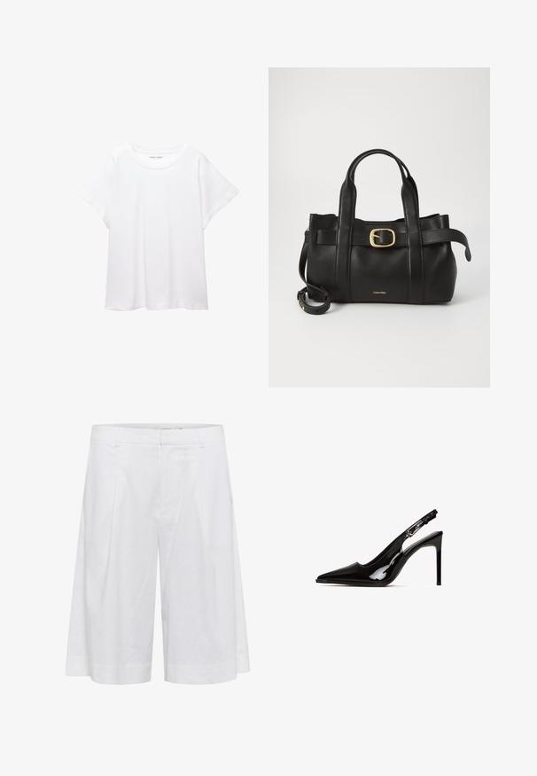 Bijela majica od mekane, lagane tkanine. Ima okrugli izrez i kratke, široke rukave s ležernim krojem. Bez vidljivih uzoraka.; Bijele lanene kratke hlače s slobodnim krojem, s širokim nogavicama, prednjim naborima i glatkom teksturom za prozračnost.; Crne lakirane kožne sandale s potpeticom s izrezom i šiljatim nosom. Imaju potpeticu u obliku stilettoa i prilagodljivu traku s metalnim dijelovima.; Crna kožna torba s strukturiranim dizajnom, dvostrukim gornjim ručkama, zlatnim kopčom kao naglaskom i utisnutim logotipom marke sprijeda.