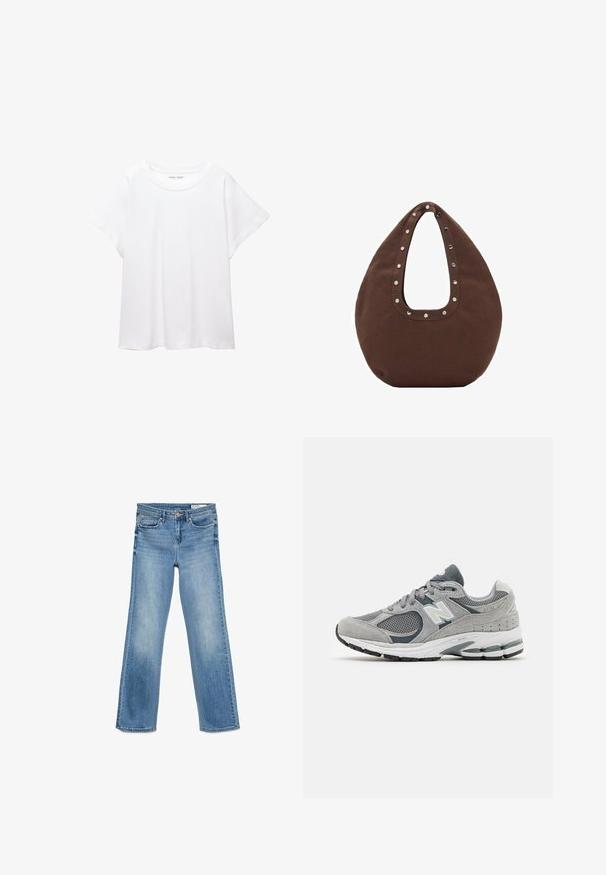 Tricou alb dintr-un material moale și ușor. Prezintă un decolteu rotund și mâneci scurte, largi, cu un croi lejer. Fără modele vizibile.; Jeans din denim de culoare albastru deschis, cu un design clasic cu cinci buzunare, închidere cu nasture și fermoar și croială dreaptă.; Tenis gri din materiale din plasă și suede, având un logo alb, guler căptușit și o talpă din cauciuc texturată. Accente în gri închis.; Geantă tote marron cu o formă curbată, având un mâner mare decupat decorat cu nituri argintii de-a lungul marginii. Fabricată dintr-un material moale.