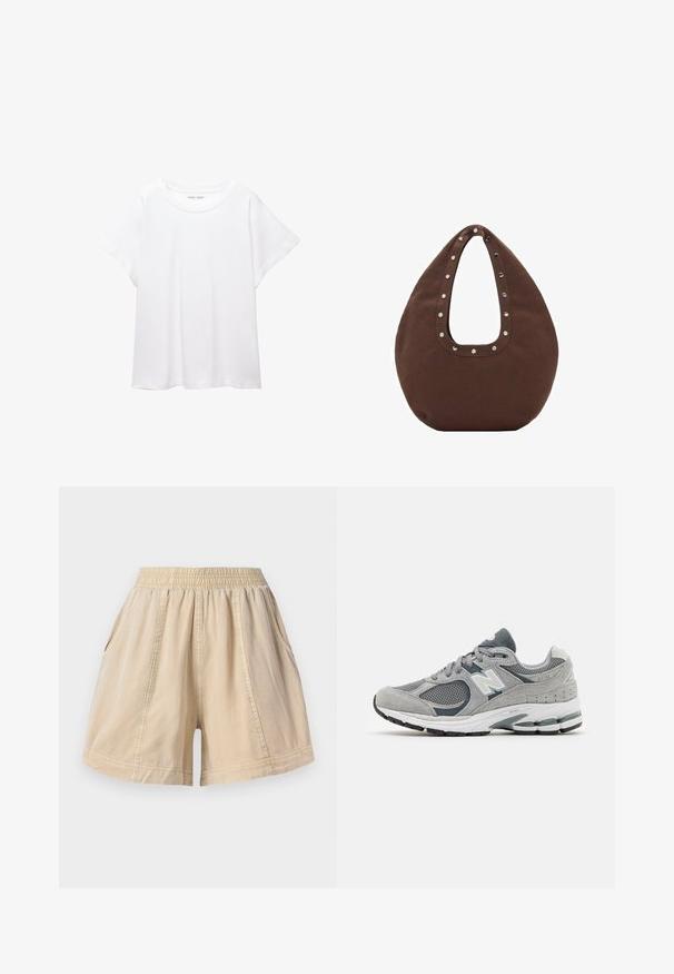 Bela majica s kratkimi rukavi, izdelana iz mehkega in lahkega blaga. Ima okroglo ovratnico ter kratke, široke rokave z udobnim krojem. Brez vidnih vzorcev.; Bež kratke hlače z elastiko v pasu, stranskimi žepi in vidnimi šivi, narejene iz lahkotnega materiala.; Sive češnje z mrežastim in usnjenim materialom, ki imajo belo logotip, oblazinjen ovratnik in teksturiran gumijast podplat. Akcenti v temnejši sivi barvi.; Rjava torba z ukrivljeno obliko, opremljena z velikim izrezanim ročajem, okrašenim s srebrnimi zakovkami ob robu. Narejena iz mehkega blaga.