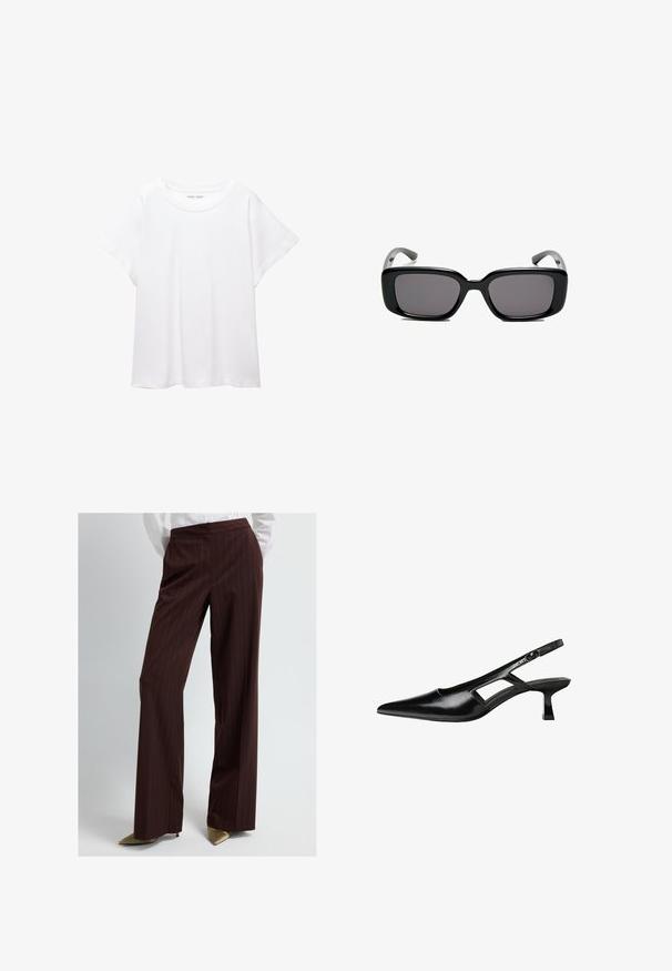 White T-shirt made of soft, lightweight fabric. Features a round neckline and short, wide sleeves with a relaxed fit. No visible patterns.; Brown pinstriped trousers with a wide-leg design, made from smooth fabric. Features a high waist and minimalistic cut.; Black patent leather slingback heels with a pointed toe, cut-out side design, and a small square heel. Smooth texture with minimal accents.; Black rectangular sunglasses with dark lenses, smooth plastic frame, and curved temples. The design is chunky with a minimalist aesthetic.