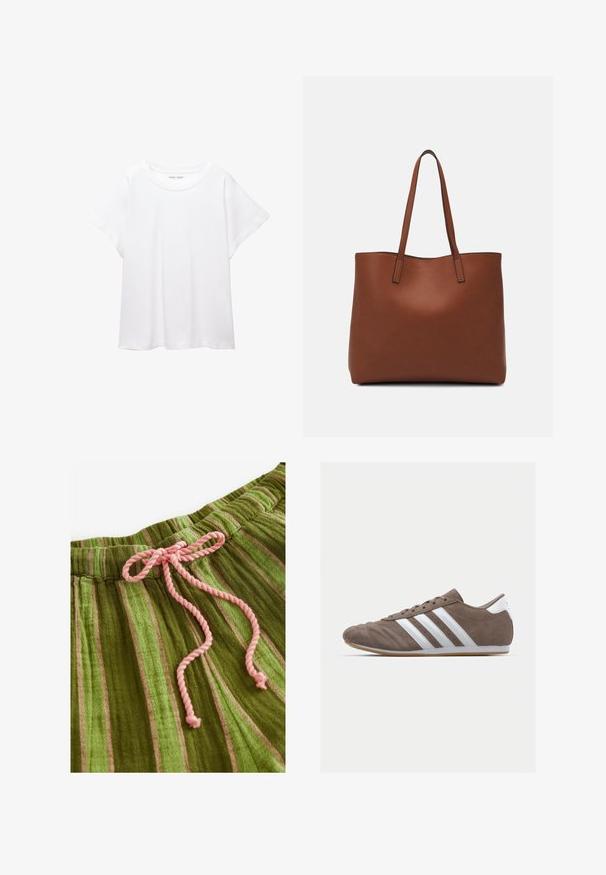 Witte T-shirt van zacht, lichtgewicht stof. Heeft een ronde halslijn en korte, brede mouwen met een ontspannen pasvorm. Geen zichtbare patronen.; Groen gestreepte stof met een zachte textuur en een roze trekkoord. Heeft verticale strepen in verschillende tinten en een geregen tailleband.; Bruine suède sportschoen met witte strepen, ronde neus, vetersluiting en gumrubberen zool. Gestructureerde bovenkant met stikseldetails.; Bruine leren tote bag met een gladde textuur, een ontwerp met een open bovenkant en twee schouderbanden. Kenmerkt zich door minimale stiksels en geen zichtbare hardware.
