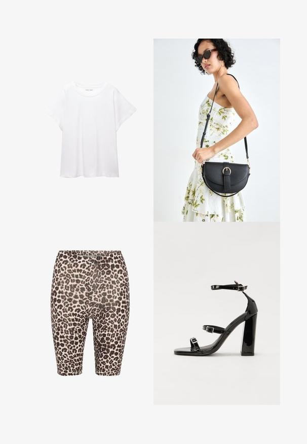T-shirt bianco realizzato in un tessuto morbido e leggero. Presenta un collo rotondo e maniche corte e larghe con vestibilità morbida. Nessun motivo visibile.; Shorts da bicicletta con stampa leopardata in una combinazione di colori nero e beige, vita elastica e texture liscia. Lunghezza a metà coscia con un design aderente.; Sandali con tacco in vernice nera, con punta squadrata, cinturini alla caviglia e fibbie in argento. Presentano un tacco a blocco spesso per maggiore stabilità.; Borsa a tracolla nera in pelle con una forma curva, manico rimovibile e accessori dorati. La borsa presenta una patta con un dettaglio a fibbia.
