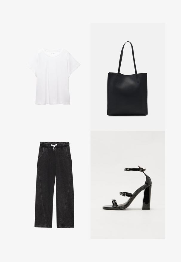 Fehér póló, puha, könnyű anyagból készült. Kerek nyakú, rövid, széles ujjaival és laza szabásával rendelkezik. Nincsenek látható minták.; Fekete, széles szárú nadrág textúrált anyagból. Jellemzője a rugalmas derékpánt, fehér húzózsinórral, valamint elülső zsebek diagonális varrásokkal.; Fekete lakk magas sarkú szandál négyzet alakú orral, bokapántokkal és ezüst csatokat tartalmaz. Masszív blokk sarka a stabilitásért felel.; Fekete bőrtáska sima felszínnel, téglalap alakú, két hosszú füllel. Nincs látható fémkiegészítő vagy díszítés.