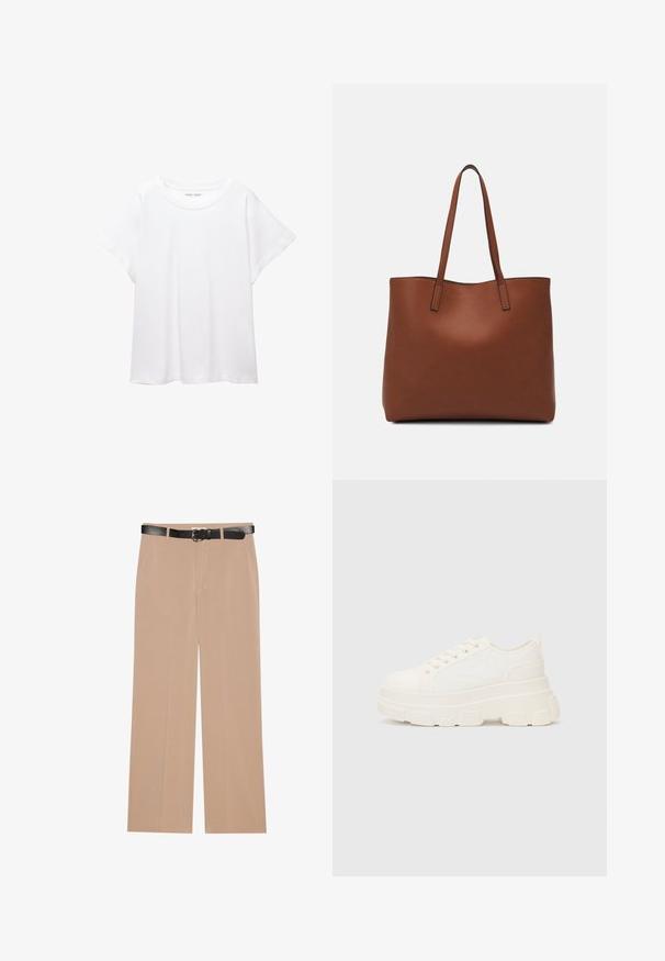Witte T-shirt van zacht, lichtgewicht stof. Heeft een ronde halslijn en korte, brede mouwen met een ontspannen pasvorm. Geen zichtbare patronen.; Beige wijde broek met een zachte textuur, voorzien van een zwarte riem met een zilveren gesp en twee zijzakken.; Witte canvas sneaker met een stevige zool, ronde neus en vijf gaatjes voor veters. Achterste tab voor gemakkelijk aan- en uittrekken. Vloeibare textuur, minimalistisch ontwerp.; Bruine leren tote bag met een gladde textuur, een ontwerp met een open bovenkant en twee schouderbanden. Kenmerkt zich door minimale stiksels en geen zichtbare hardware.