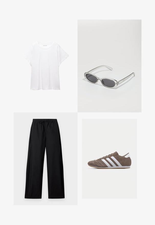 Tricou alb dintr-un material moale și ușor. Prezintă un decolteu rotund și mâneci scurte, largi, cu un croi lejer. Fără modele vizibile.; Pantaloni negri, cu picioare largi, prevăzuți cu un talie elastică și șnur. Realizați dintr-un material ușor, cu o textură netedă și un design simplu.; Pantof pentru sport din suede maro, cu dungi albe, vârf rotund, design cu șireturi și talpă din cauciuc natural. Suprafață texturată cu detalii de cusătură.; Ochelari de soare cu formă ovală, ramă din plastic transparent, lentile gri închis și brațe subțiri transparente cu accente de logo și detalii minime.; Geantă de umăr din piele maro cu o textură netedă, design cu vârf deschis și două curele pentru umăr. Prezintă cusături minime și fără componente metalice vizibile.