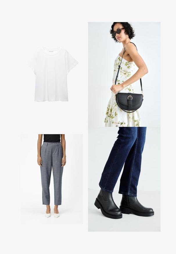 Fehér póló, puha, könnyű anyagból készült. Kerek nyakú, rövid, széles ujjaival és laza szabásával rendelkezik. Nincsenek látható minták.; Szürke, szabott nadrágok texturált felülettel, magas derékkal, oldalsó zsebekkel és karcsú, 3/4-es lábszárral. A szettet fehér, hegyes orrú magassarkú cipők egészítik ki.; Fekete bőr bokacsizma vastag talppal és oldalán elnyújtott elasztikus betétekkel, sötétkék farmerral párosítva. A talaj világos színű.; Fekete bőrtáska ívelt formával, levehető pánttal és arany színű fémrészekkel. A táskán egy csattal díszített fedél található.