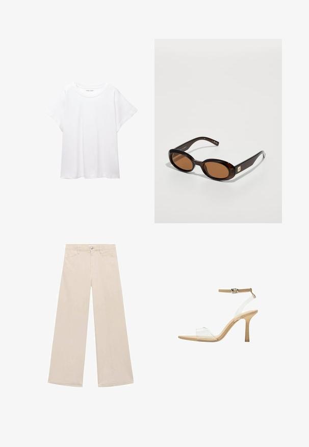 Tricou alb dintr-un material moale și ușor. Prezintă un decolteu rotund și mâneci scurte, largi, cu un croi lejer. Fără modele vizibile.; Pantaloni largi bej dintr-un amestec de bumbac. Au buzunare frontale și un singur nasture metalic la talie. Textură netedă.; Sandalie cu toc transparent, cu un brad transparent, talpă bej și o curea subțire pentru glezna. Au vârf ascuțit și un toc subțire înalt.; Ochelari de soare tortoiseshell maroniu cu lentile ovale, având un cadru subțire și un mic accent metalic pe lateral. Finisaj texturat și lustruit.; COACH EMMY SADDLE BAG 23 - Geantă de mână - chalk