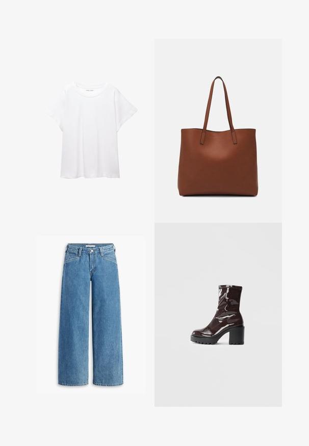 Valkoinen T-paita, joka on valmistettu pehmeästä ja kevyestä kankaasta. Omistaa pyöreän kaula-aukon ja lyhyet, leveät hihat rentoa istuvuutta varten. Ei näkyviä kuvioita.; Vaaleansiniset leveät farkut, joissa on korkea vyötärö, viisi taskua ja klassinen napitus. Suora leikkaus reidestä hemmaan.; Satea bordeaux berwarna mengkilap dengan tumit hitam tebal, menampilkan tekstur halus dan desain sederhana. Tanpa pengikat atau pola yang terlihat.; Ruskea nahkainen olkalaukku, jossa on sileä pinta, avoin yläosa ja kaksi olkahihnaa. Omaavat vain minimaalisen ompelun eikä näkyvää metalliosaa.