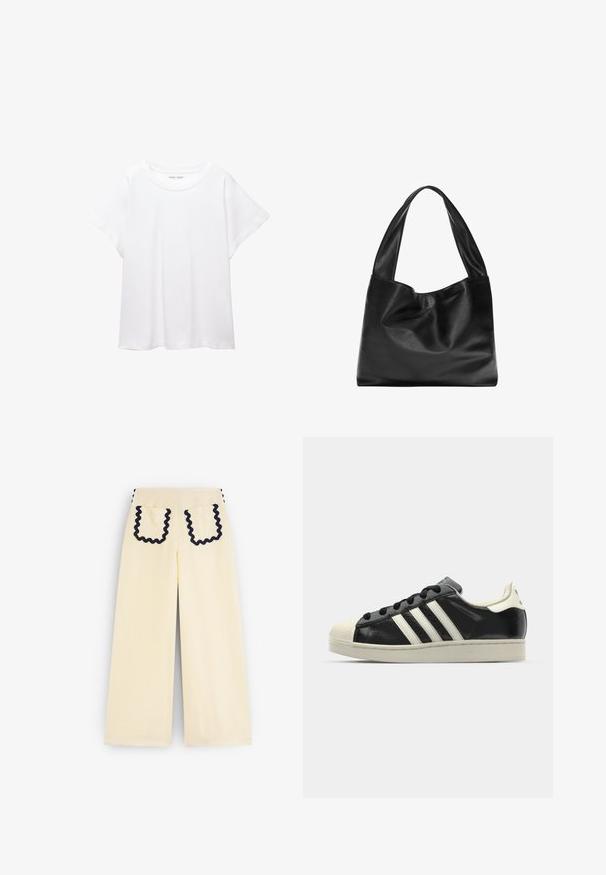 Tricou alb dintr-un material moale și ușor. Prezintă un decolteu rotund și mâneci scurte, largi, cu un croi lejer. Fără modele vizibile.; Pantaloni galbeni cu croială largă și un finisaj texturat. Prezintă o margine contrastantă din dantelă navy pe marginile buzunarelor și cusăturile laterale.; Sneaker din piele neagră cu dungi albe, vârf din cauciuc, șireturi negre și talpă de culoare crem. Textură netedă cu finisaj strălucitor.; Geantă de umăr din piele neagră, cu un design moale și lejer, mânere late și o textură netedă. Fără elemente de prindere vizibile sau embellishemnts.