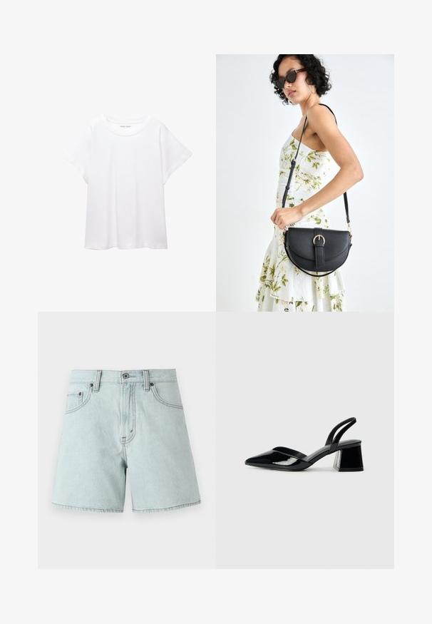 Bela majica s kratkimi rukavi, izdelana iz mehkega in lahkega blaga. Ima okroglo ovratnico ter kratke, široke rokave z udobnim krojem. Brez vidnih vzorcev.; Svijetloplave traper kratke hlače visokog struka, s dva prednja džepa, kopčanjem na gumb i bočnim šavovima.; Črne lakirane slingback pete s koničastim nosom in geometrijsko blokasto peto. Imajo eleganten, minimalističen dizajn in gladko teksturo.; Črna usnjena torbica s ukrivljeno obliko, z odstranljivo naramnico in zlatimi dodatki. Torbica ima pokrov s podrobnostmi v obliki zaponke.